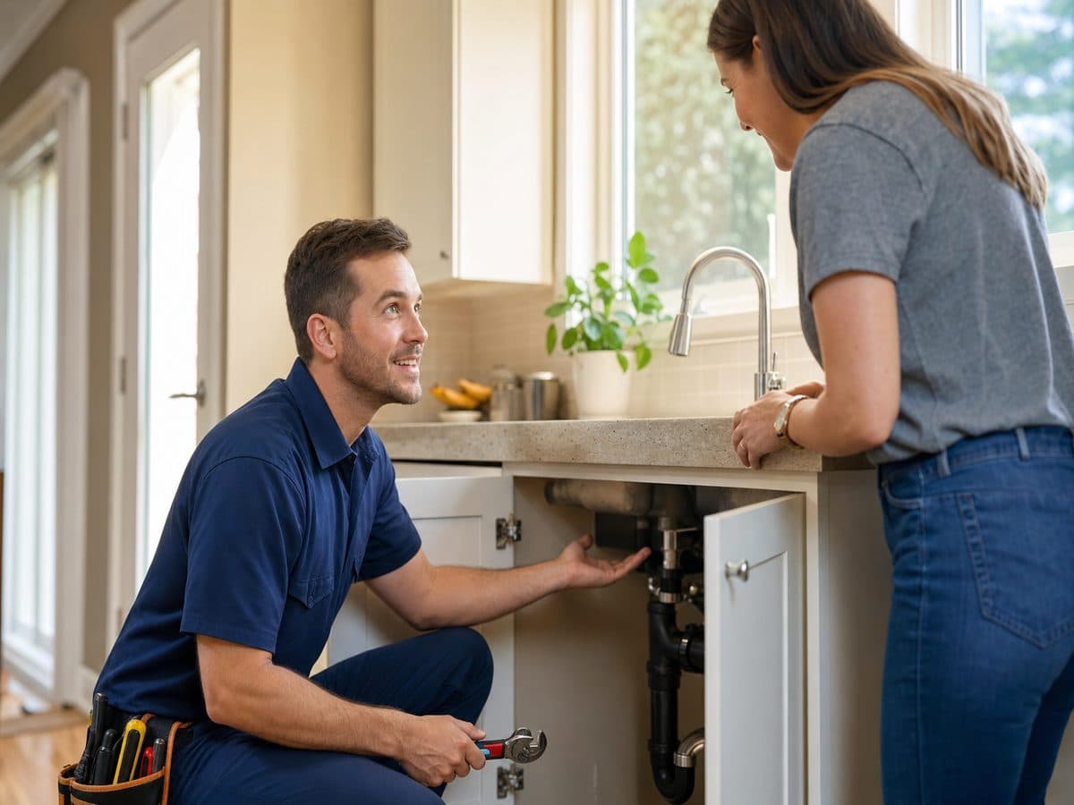 Licensed plumber explaining a kitchen sink repair to a homeowner